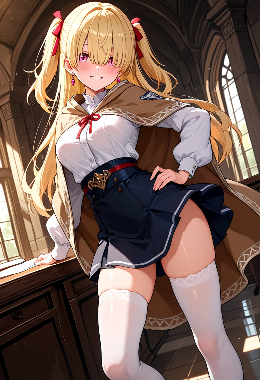 High resolution, masterpiece, Highest quality, 1,young woman　,blonde ,Very long hair, Pointy Ears, Twin Drill, Red eyes, One personで,Ahoge,Fairy,Drill Hair, Hair between the eyes, bangs, Hair Intake, Hair behind the ear, Long sleeve, school uniform, Red Skirt, Red bow tie, Black corset ,Knee socks, White shirt,(masterpiece:1.0), (Highest_quality:1.0)photograph, 8k, High resolution, High resolution, Absurd,  (purple and black Lace panties), (show off panties: 1.3), (standing), (skirt lift: 1.3), (squatting), (spread legs), (from below)