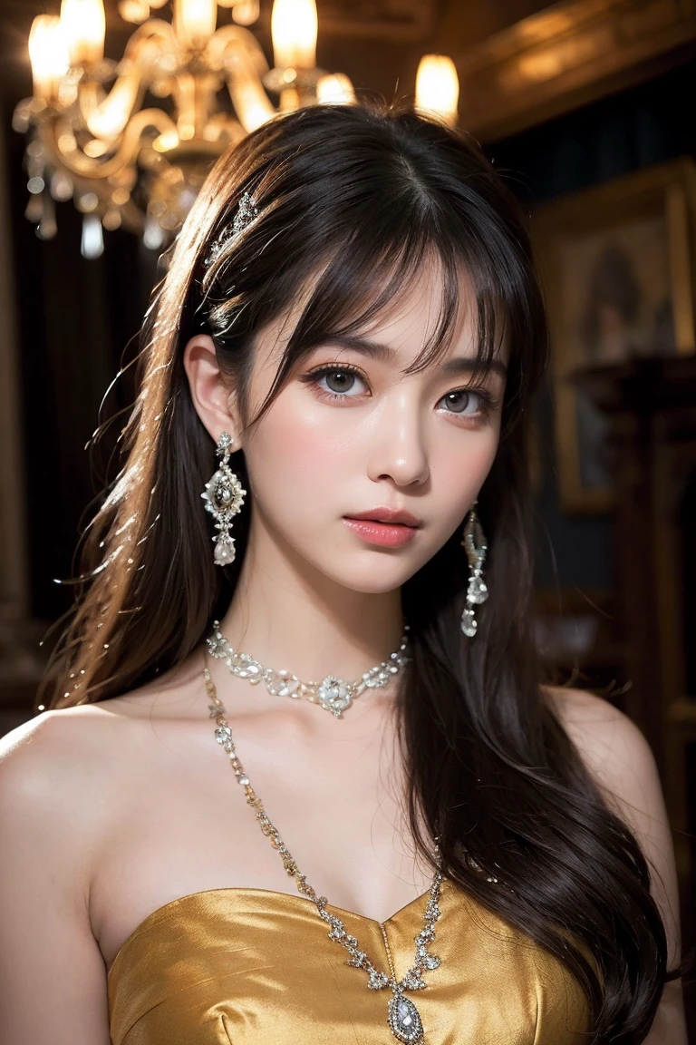 Princess , in castle , detailed hand , high quality, super quality, detailed face, beautiful woman , golden eyes, long hair , mega breast , gorgeous dress, tiara, necklace , earring , sharpe eyebrow ,