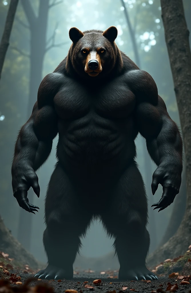 (full body shot), (realistic style), (furry), (humanoid), male wolf, full body black fur, red eyes, perfect muscular body, and biggest muscles, biggest pecs, and biggest thighs, wearing white boxer briefs, realistic forest background