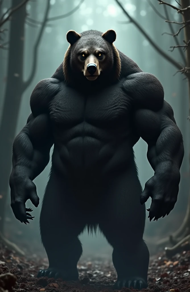 (full body shot), (realistic style), (furry), (humanoid), male wolf, full body black fur, red eyes, perfect muscular body, and biggest muscles, biggest pecs, and biggest thighs, wearing white boxer briefs, realistic forest background