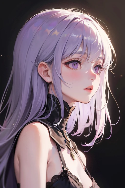 masterpiece, the best, 1 woman, mature woman, woman with long silver hair, Pale pink lips, Bright purple pupils
