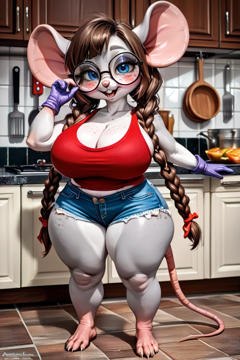 by darkgem, by boosterpang, by bng, soft figure, curvy, chubby, heavy, arctic fox, white fur, female, milf, older woman, furry body, wide body, short woman, shortstack, wide hips, thick thighs, big arms, (huge breasts:1.1), heavy breasts, nipple outline, pale blue eyes, highly detailed eyes, blonde hair, long hair, hair bun, milf, tank top, bare midriff, cleavage, large areolae, big lips, red lipstick, (low jeans:1.4), bare midriff, visible thong straps, Masterpiece, best quality, absurd res, highly detailed, cleanly drawn eyes, anthro only, kitchen environment, motherly smile, standing upright,