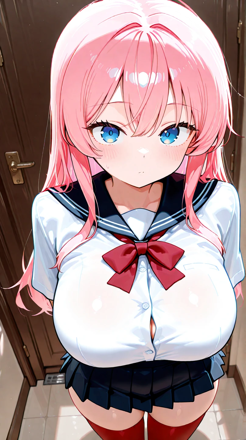 Beautiful illustration、top-quality、Cute s、Bedroom、A pink-haired、length hair、(((Pink pleated skirt)))、(((pink sailor suit)))、shortsleeves、Colossal tits、a navel、Flipping up the skirt with your hands、Show white panties、Pull up your skirt and show your panties、bare-legged、blue eyess、on the beds、lovely thighs、glowing thigh、floating hair, wind,