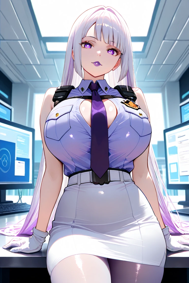 ((1 cyborg woman)),((huge breasts)),((curvy woman)),((sitting on a chair in a computer room, smoking a cigarette, smoking a cigarette)),((a vibrator with shape of penis stuck in pussy)),((face of shame)),((bare breasts, with lots of bubian hair, with scientist's coat)),((long gray hair, bright yellow eyes)),((with an assistant,)),((facing the viewer)),