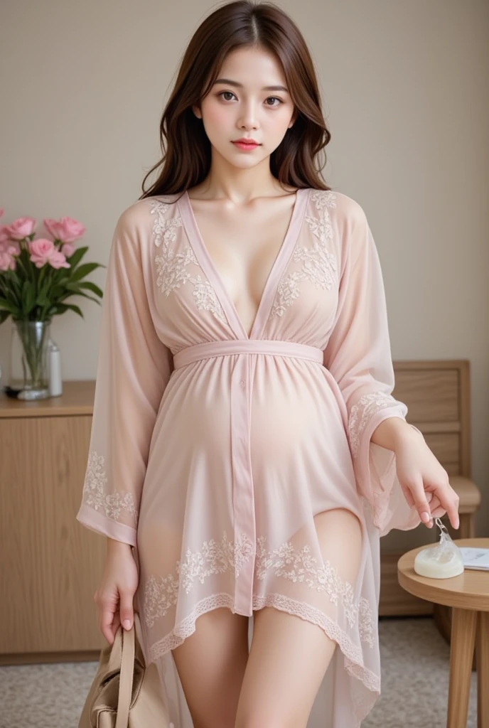 8K, tmasterpiece, RAW photos, Best quality, realistically, extremely detaild的 CG unified 8k wallpapers, depth of fields, 电影灯光, lens flare glow, ray traycing, (Extremely beautiful face, beautifullips, pretty eyes), complex and detailed face, ((Ultra-delicate skin)) 1 busty girl, In the dark night, Depth shadows, Beautiful Asian Girls, idoly,(Very slim、Slim、Plump body:1.3), ((looking at viewert)),(Hefty Smile:1.3), (looking over city, vague background), (dim dim lights, the roof, Terrazzo), beuaty girl, 耳Nipple Ring, bangle, choker necklace, Clear  eyes, feet on feet , Front Shooting, (pale-skinned), Face forward, (largeeyes), ((fully body photo)), ((black silk lace)), ((Transparent red pajamas:1.3)), (Brown hair) (looking at viewert:1.3), (lace panty), open breast, Huge breasts, Shiny , (see through, Pink pajamas :1.3), Terrazzo