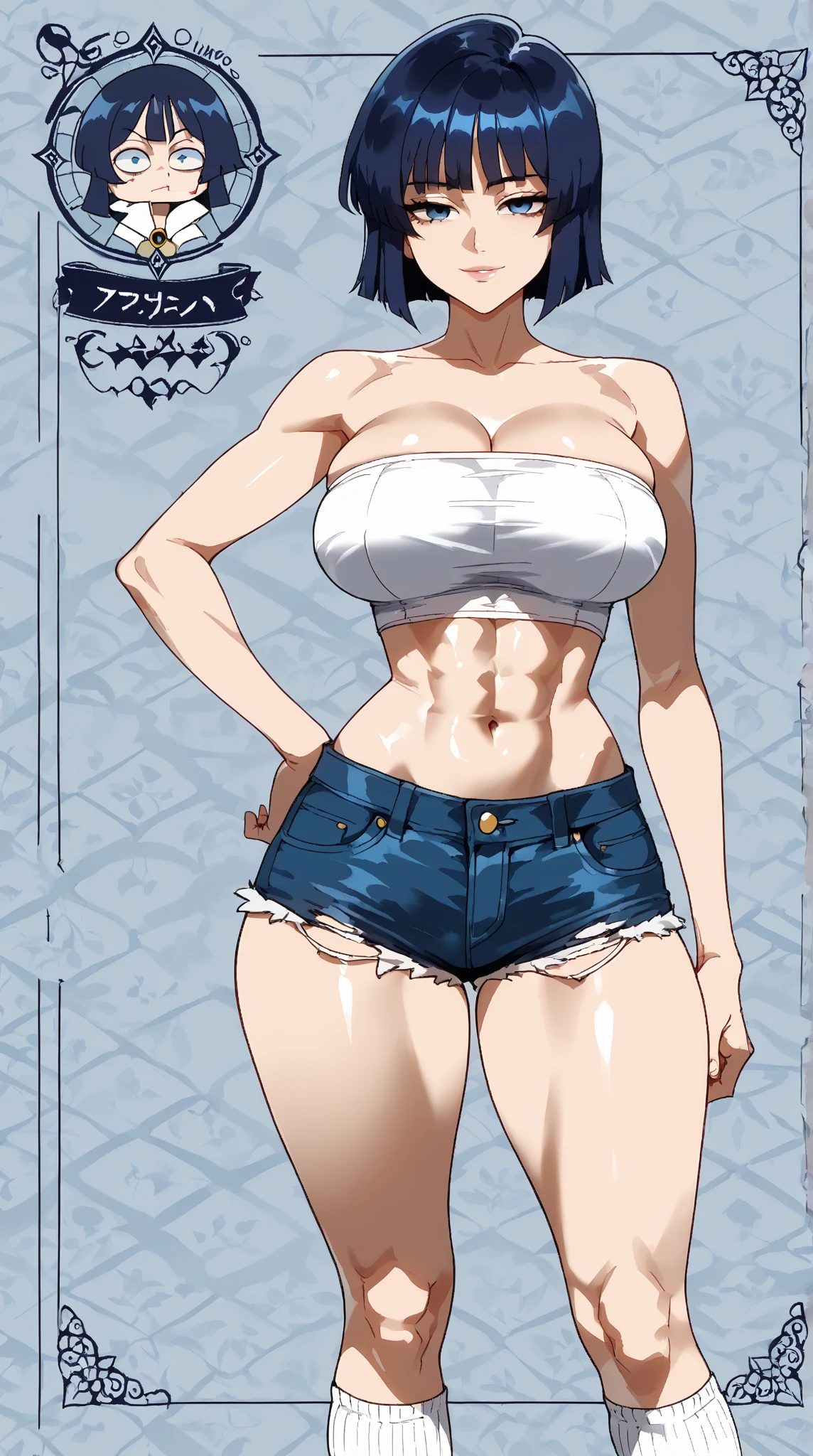Panel work of art, blue colored eyes, short blonde hair, wearing a tight blue tank top with a low neckline, wearing short, tight denim shorts with the buttons open, defined body, 4K HD image