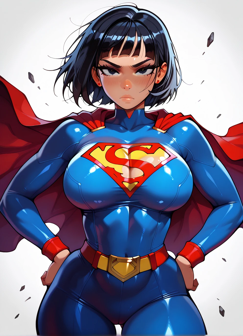 (mature female),(large breasts:1.3),(dark skin:1.4),muscular,bodysuit, superman