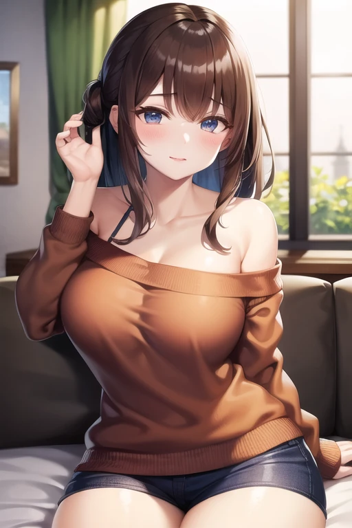 (masterpiece), (top-quality), (hight resolution), (cowboy shot, standing), (kawai iyona),  (1girl), brown eyes, brown hair, long hair, (tareme:2.0, blush:1.5), (medium breast), cleavage, collarbone, (black halter neck long dress: 1.3),  (deep slit: 1.2), (High Heels), sitting, (sit Chair), soft brightness, night, bar, indoor