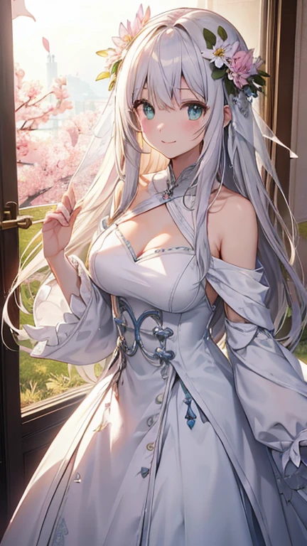 masterpiece、Highest quality、High resolution、High-quality images、8K, 12-year-old girl、Skin Radiance、Texture of skin and clothing、Expression of fine eyes、Shining silver hair、Long Hair Girl、dress, Beautiful bright yellow eyes, Fuller lips, Gorgeous face with attention to detail, (Cute Smile), charm, Innocent, Side view, (Perfectly detailed face), (Beautiful Hands) Photorealistic images, Written boundary depth, flower、sun、Big Breasts、garden、、Feather ornament、White clothes、goddess
