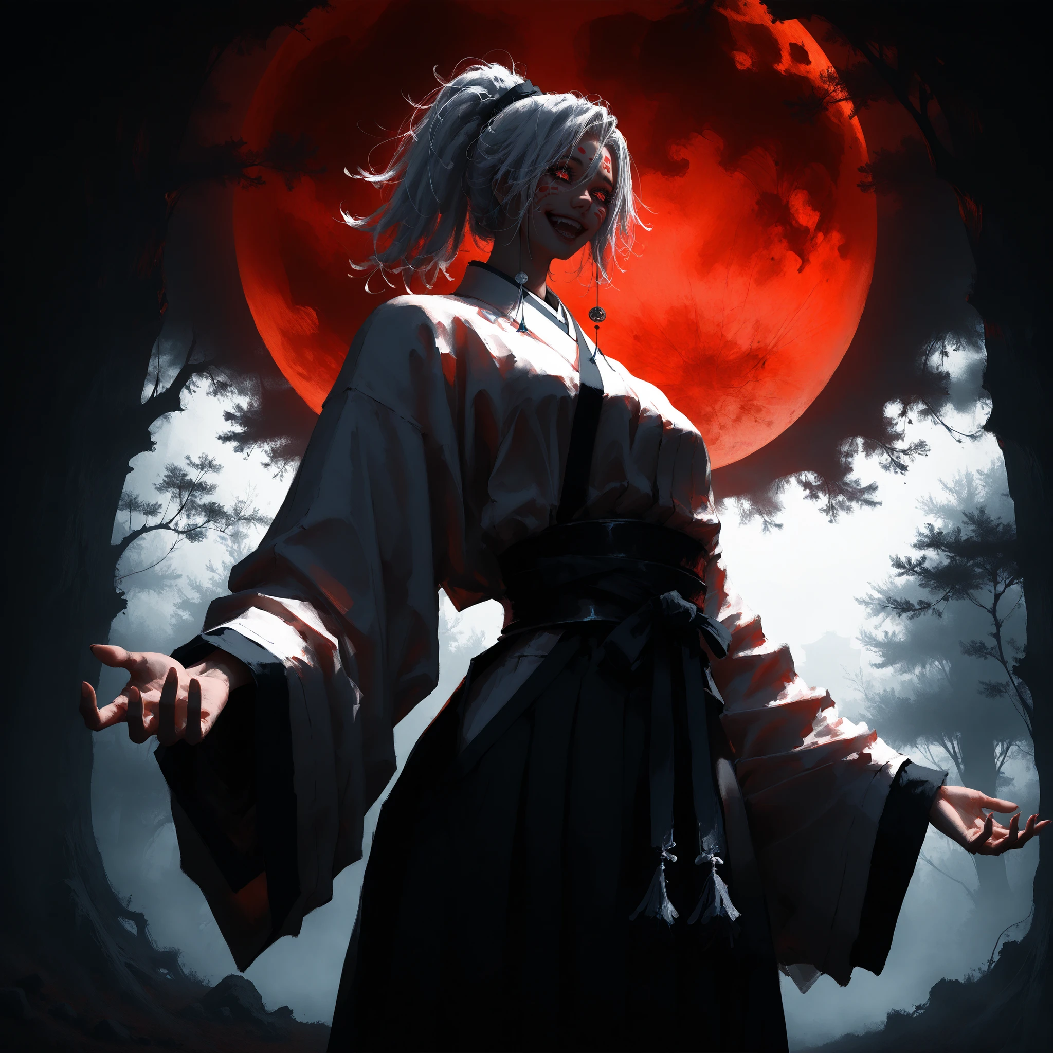 In Anime-art style, pixiv, masterpiece, 1 girl, (Close-up:1.1),Very Close to the Viewer( only half of the face is visible), soft lighting, Bloody sky, bloody environment, bloody rain, dark silhouettes, красный blood vibe, red vibe настроение, red like your blood, vampire life, Gothic, mysterious facial expressions, tattoos, aesthetics, rings and finger rings, web, head covered with dark cloth, Vampirism, на заднем фоне dark silhouettes, the character is closer to the viewer, видно только one eye, Focus on the character, Close-up, symbolism, a ritual, mirrors and paintings in the background, reflections, on the avatar, Dark art style, Blood runs down his face, portrait, leader, leads the concept, silhouettes behind, chaos, the weather is terrible, someone is spectating on her, DALLE, Close-up больших демонических глаз, сложные eyes, Unique Demon Ghouls, These images feature a dark, anime-style warrior with intricate tattoos and glowing red eyes, holding a blood-stained katana. The background includes a moonlit scene with shadowy samurai figures and a mysterious reaper, balanced to give equal focus to both the warrior and the background elements, creating a masterpiece, Digital art, city on the skyline, dark lighting, permission 1:1, blond hair, kimono, katana, Shanghai, nails painted black, in detail, moon and shadows, eyes, в eyesх отражение битвы, mysticism in the background, split personality, в eyesх готовится к битве, необычные eyes, scene, add more details, dark, fingers are proportional, serious look, holding a katana in his hands, only half of the face is visible, dystopia, night lighting, motion blur, красная и кровавая aesthetics, one eye, Close-up