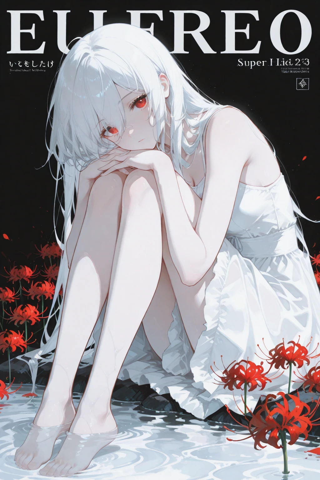 top quality, masterpiece, finely detail, very delicate 8k wallpaper, beautiful Girl, (white sleeveless_dress), pale skin, (Gray medium hair), grin, (red-eyes, half-closed_eyes), (sitting, wariza), (hands between legs:1.1), look_up_to, (bare_limbs:1.4), Biotechnology, (bio punk:1.5), Horror, Research facility, blood pool, return blood, red meat loaf, (blood vessels connected to tubes),