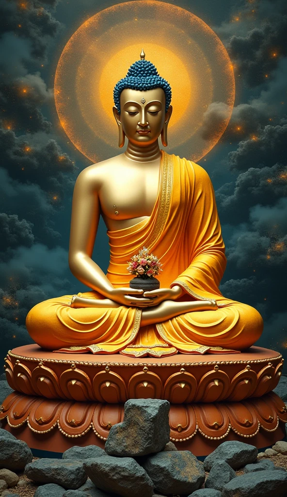 8k , masterpiece , dramatic art , sfw , ((Mandala art)) , Buddhist statues have the following characteristics:

The soles of the feet are flat and perfect
There is a thousand-spoked wheel pattern on the soles of the feet
The fingers are long and delicate
The heels are wide and flat
There is webbing between the fingers and toes
The hands and feet are soft
The instep of the foot is high and plump
The legs are supple and round
When standing straight, the hands reach the knees
The male genitalia are concealed
The height is equal to the arm span
Body hair points upward
One hair grows from each pore
The skin is golden in color
Light radiates from the body
The skin is smooth and fine
Seven places on the hands and feet are full
Both armpits are plump
The upper body is like a lion's
The body is perfectly straight
The shoulders are round and well-formed
There are 40 teeth
The teeth are evenly aligned
The teeth are white
The cheeks are like a lion's
All tastes are perceived as supreme
The tongue is long and wide
The voice is pure and clear
The eyes are deep blue in color
The eyelashes are like those of a cow
There is a fleshy protuberance on the crown of the head
There is a white hair between the eyebrows