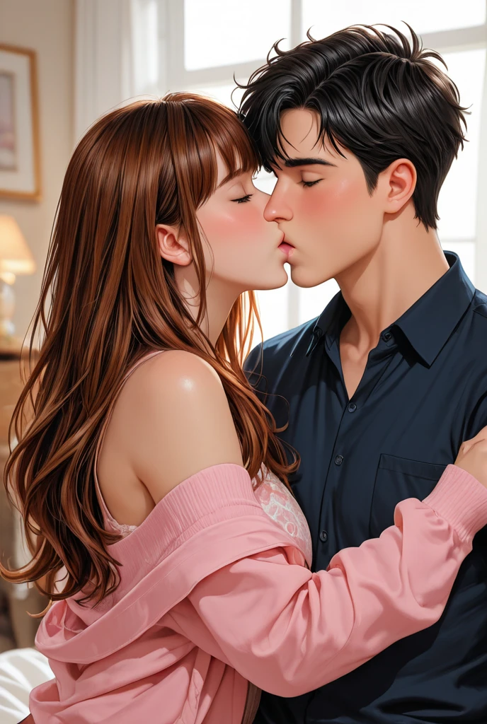Amazing portait of a hot next door neighbour with her hair tied in a messy bun wearing an off shoulder checked olive green shirt that is unbuttoned and oversized kissing and making out passionately with her male neighbour on her bed in an intimate setting