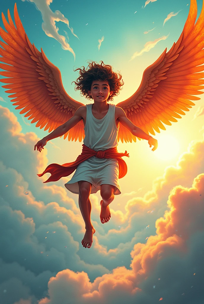 boy with wings, Mesopotamian art, modern, view of the galaxy, creative,cheered up,