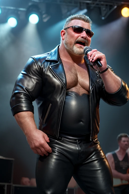 Hyper realistic image of a jumping old blonde rock musician with very long gray hair wearing a black leather police cap on his head A super heavy bodybuilder smiling flexing his muscles A full body obese bodybuilder with a very sweaty body An old man extremely man, muscular and extremely fat over 70 years old weighing over 600 pounds, un hombre musculoso muy peludo con piernas muy grandes, sagging pecs, big dark nipples and gynecomastia jumping in the air on a stage lit with ace laser lights and colored spotlights and smoke in black latex pants and combat boots