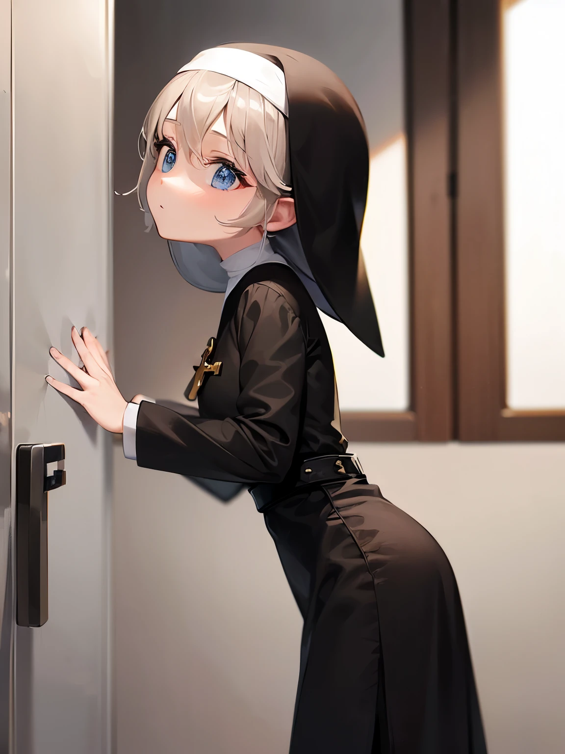 masterpiece, BREAK (a girl dressed as a black priest:1.3), (nun cassock clothing:1.3), (priest:1.3), BREAK (young girl:1.5), (baby face:1.2), (short stature:1.4), BREAK 1girl, BREAK cowboy shot, BREAK (operating room:1.4), Indoor, BREAK front view, facing forward, looking straight ahead, centered composition, character in the middle, straight-on angle,