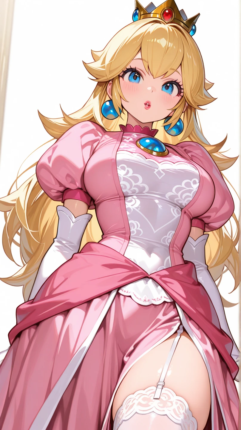 Princess peach, big tits wearing mini pink skirt and long white gloves , showing her pussy