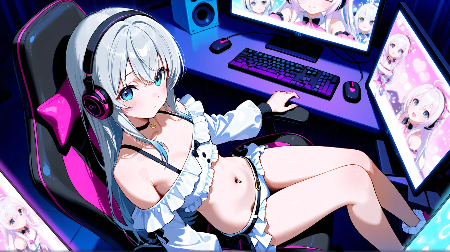 nsfw, mature, brown skin, hazel eyes, close up, lazy, 1girl, tattoo white hair, straight hair, school uniform, (half ass:1.2), (big ass:0.8), panties, panties aside, (shiny skin:1.2), (Soaked milk) (bukkake) (gamer girl sitting on gaming chair playing a game)