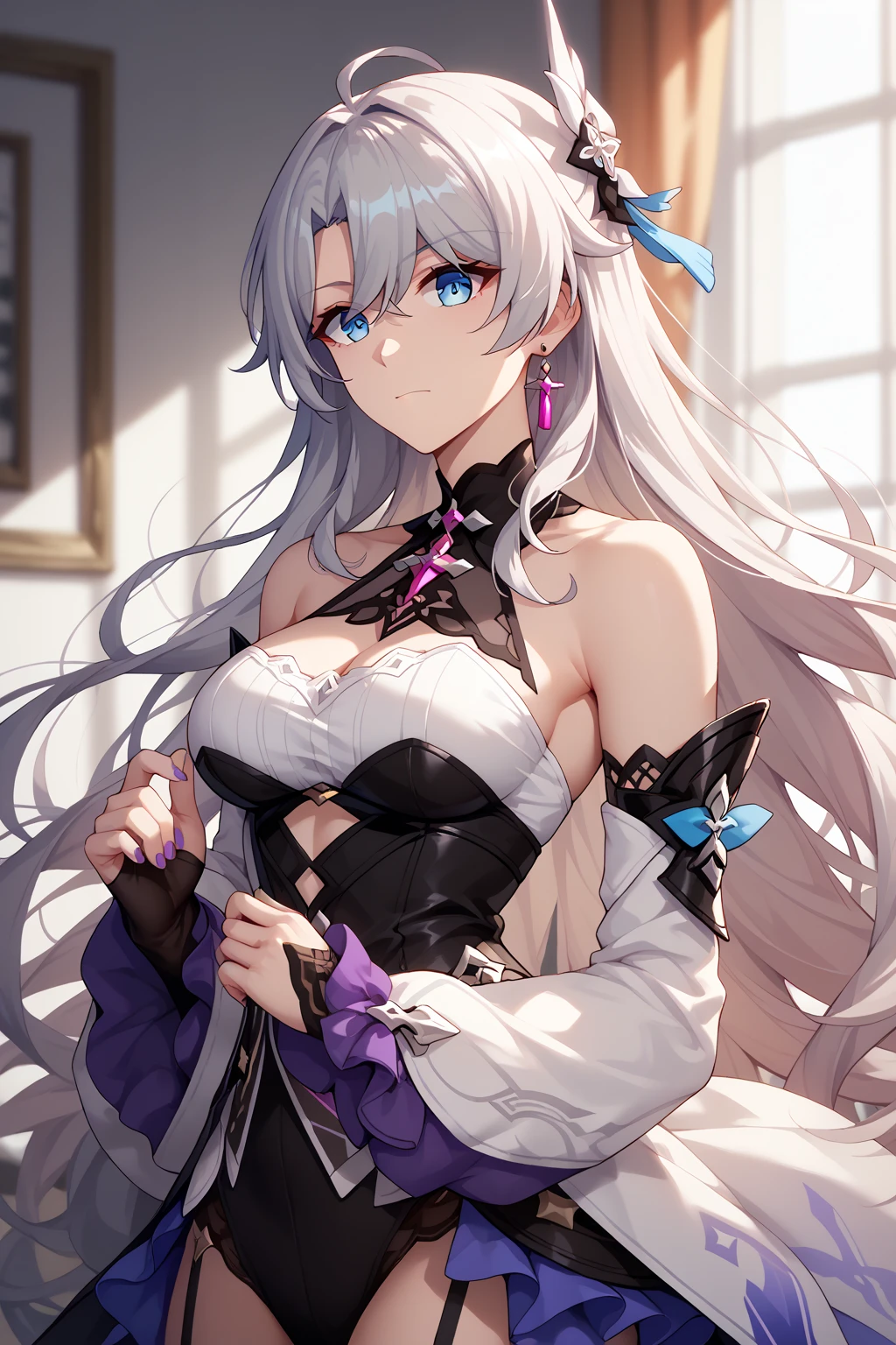 1girll， （Solo exhibitions：1.2）， （（master-piece））， [slim]， （small boobs）， Palluan， （（Detailed eyeokeh effect）， （dynamic angle）， Dynamic Post， ningguangrnd， whaite hair， Long white hair， White Dresses，Upper body，serious