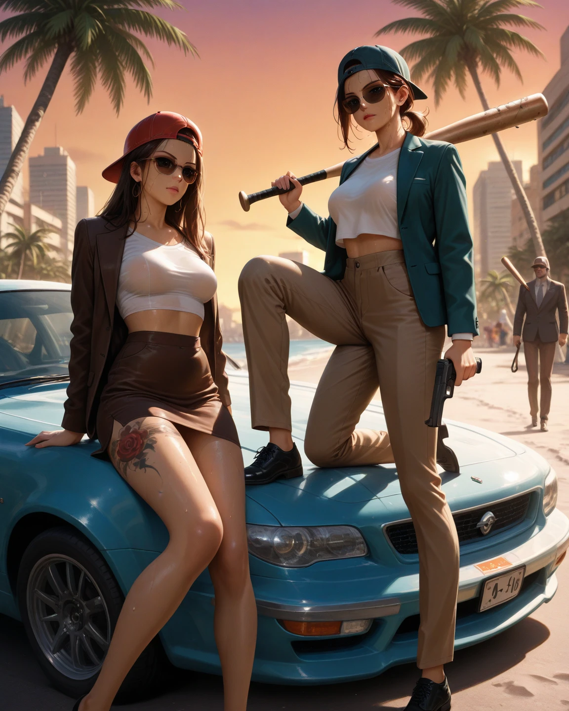 Use GTA 6 design, two girls (Adriana Lima :1.1) red lips, green eyes, Magan Fox leaving the bank with money bags , guns, cops full color illustration realistic, award-winning illustration in color, (complicated detail), (fine detail)