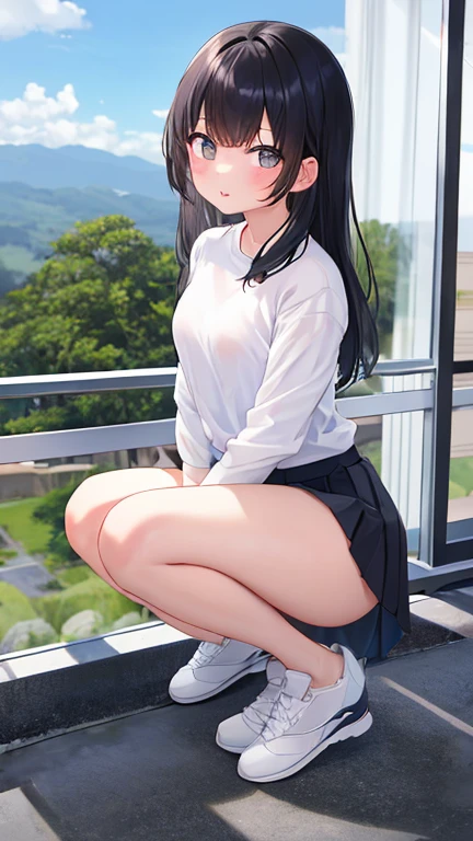 very cute and beautiful girl,(Very detailed美しい顔), (smile),blush,Black Hair,Seraphim,(White Shirt、Pleated navy blue pread your legs、Squat)、Sitting、(From below)、(Black tights、Lacy white panties), Country road, (Highest quality,masterpiece:1.0),Absurd,High resolution,Super detailed,Very detailed,32K,8k resolution, Intricate details,Movie Scenes,Detailed Background,alone,Dynamic Angle,