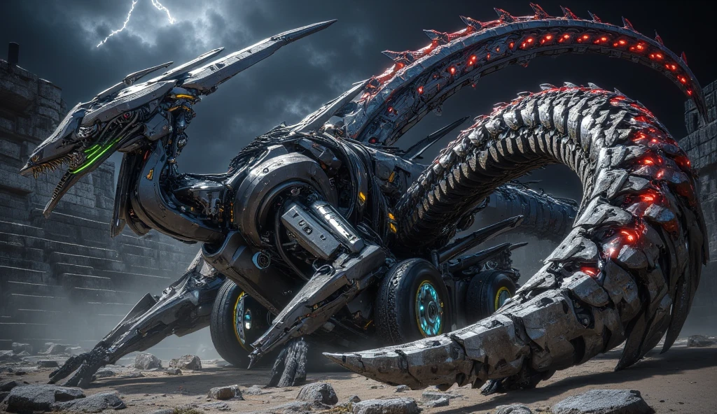 a (mechcd, shiny:1.2, glowing:1.2, metal:1.2, mechanical parts, cyberpunk, black theme:1.3) chinese dragon, eastern dragon, flying, (solo:1.2), <lora:mechcd-000008:0.7>, no humans, high quality, masterpiece, realistic, photorealistic, (outdoors, full body, science fiction, at night, dim light, raining),
