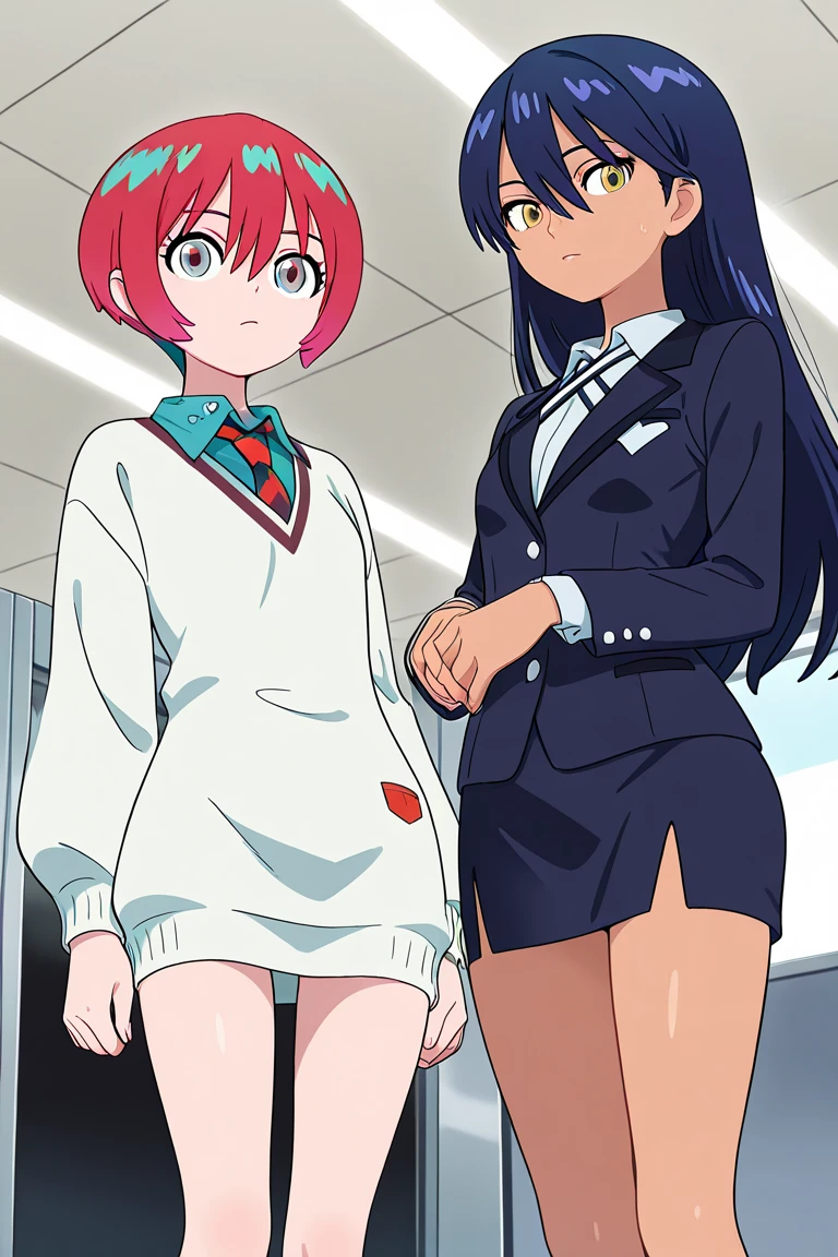score_9, score_8_up, score_7_up, source_anime, 1girl, (Fuwa Kokone, blue hair, medium hair, green eyes), smile, white shirt, white bow, blue blazer, blue skirt, black pantyhose, looking at viewer, erect nipples, medium breast, (skinny), (short stack:0.5), milf, futa, flaccid penis, cum burst, nsfw, standing, hands on hip, cafe