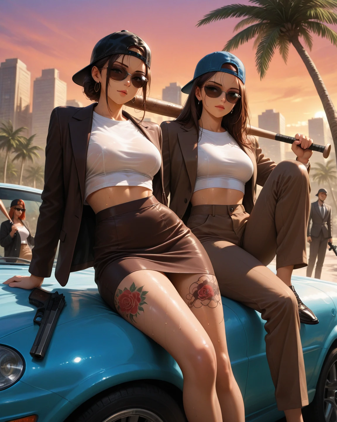 Priyanka Chopra, wearing FBI clothing, low-cut, with bulky breasts, with sunglasses, long black hair, lollipop sucking, too sexy, 8k,16k, sunny environment,