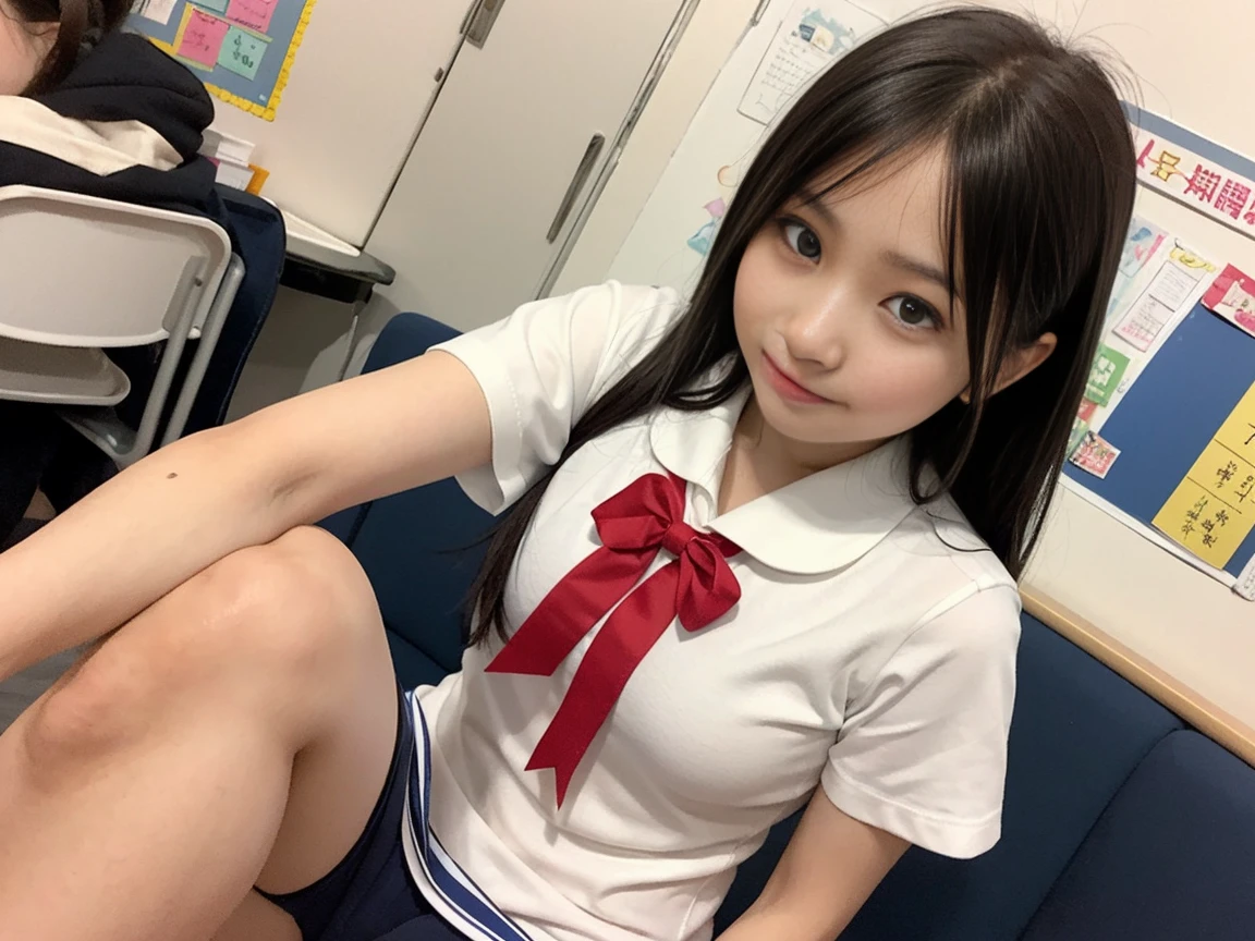 Japanese Girls、16-year-old girl、Short Twin Tails、bangs、Brown eyes、Perfect figure、Transparency、Gloss、Glamorous breasts、、Pink tie、White shirt、Red Skirt、Hirotake、Burning body、Gravure idol pose、Light blue wall、Beautiful feet、Strong sunlight、dirty、雨にWet体、Wet,Sitting in a chair、I can see your thighs、smile