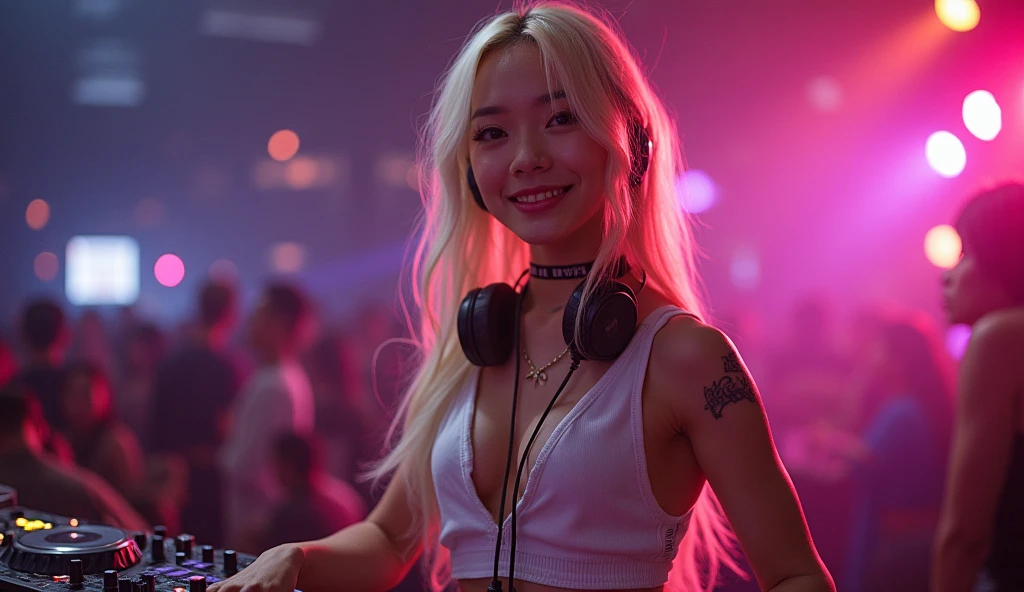 ((nightclub)),(headphones),((DJbooth)),(thai woman),(pink bikini),(huge breasts:1.3), (highponytail,blond hair),thin waist,(smile:1.3),small mole under the eye,cowboy shot:1.5,