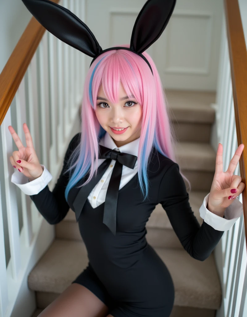 Who has a cosplay bunny costume and and around him Hear flowers and be looking at the camera that looks good your body that looks good pictures of crona 2.5D Anime realisti that your face and eyes that are well formed your hands that if they come out well formed and one of your hands has a bag of duritos