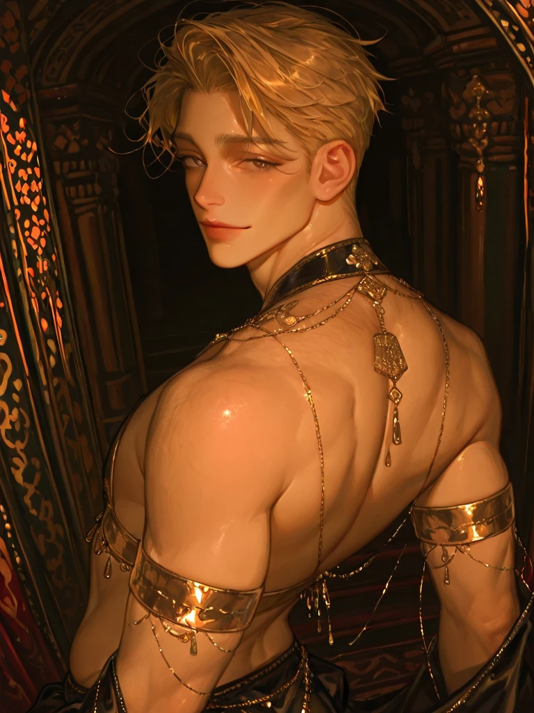blonde hair elf man, handsome man, one man, sixpack man, gold crown on his head, face on camera, show sixpack, dark isekai, shy man, pitiful face, face forward to camera, asking pose, pink cheeks, body on iron chain, smile, blue eyes, no nails, pink blushes, sweat, anime style 4 k, shiny skin, sweat, sweat body, neck collar iron chain, make sure wearing pants, crown, lying with sixpack