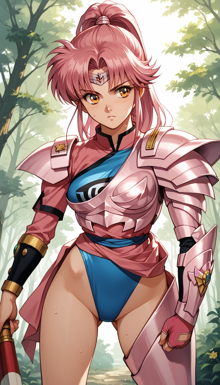 ((masterpiece)),((best quality)),(ultra-detailed),(illustration),(anextremely delicate and beautiful),wallpaper,ultra highres,4K,photography,shiny skin,BREAK,armorMaam, brown eyes, pink hair, long hair, ponytail, parted bangs, circlet, headband, armor, blue panties, fingerless gloves, sash, asymmetrical clothes, asymmetrical legwear, armored boots, pink footwear,BREAK,1girl,solo,blush smile,in heat,cameltoe,pussy juice stain,sexual fluids,female masturbation,standing,open stance,(hand on pussy:1.4),BREAK,from forward,cowboy shot,looking at viewer,in the forest