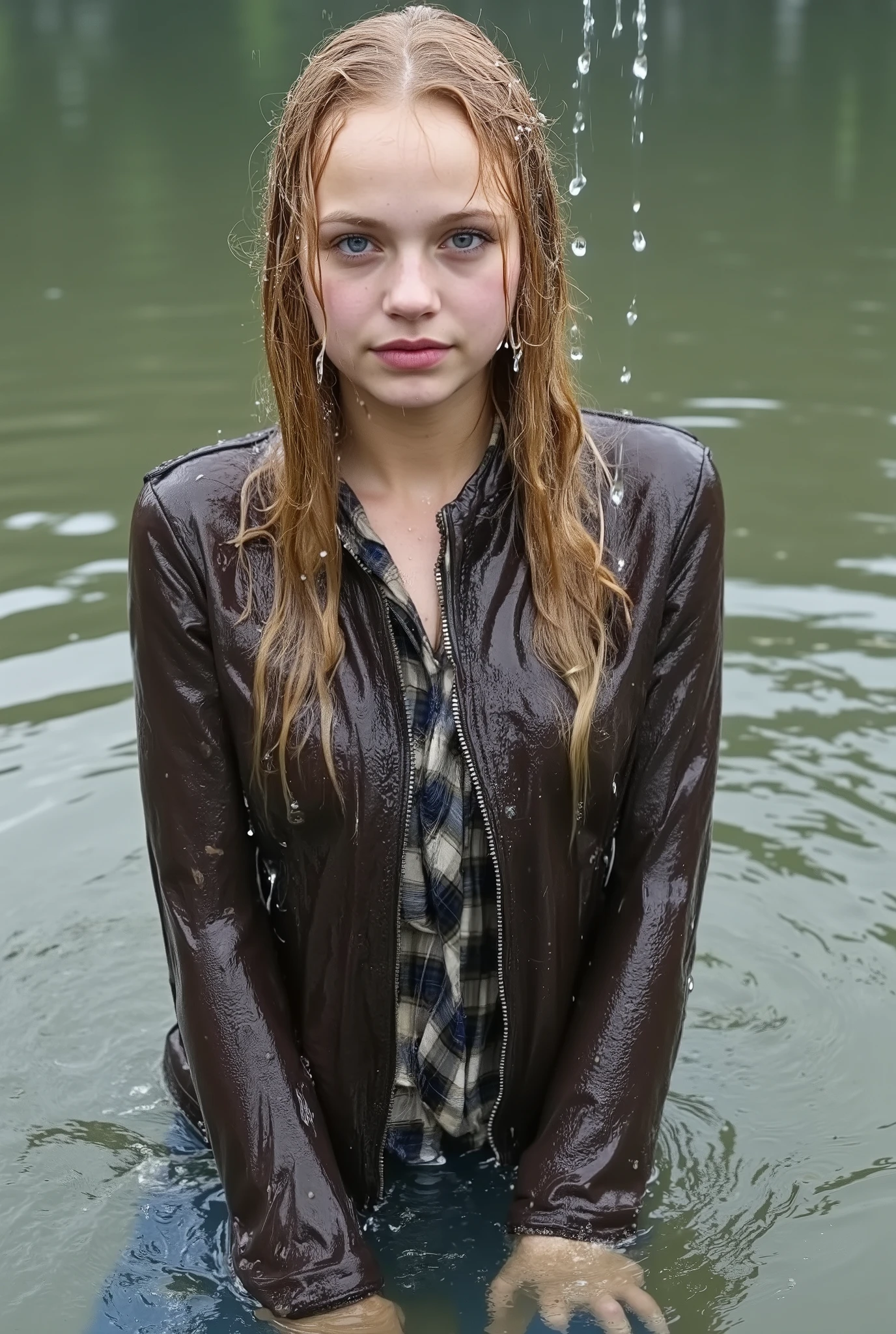 blonde haired woman in black jacket standing in water with mountains in background, pretty girl standing in the rain, wet look, she is wearing a wet coat, curly haired, wet skin and windblown hair, in a lake, short curly blonde haired girl, curly blond, wet hair, curly blonde hair | d & d, in water up to her shoulders