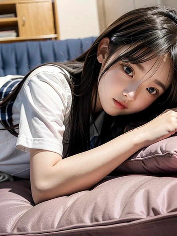 masterpiece, highest quality, One girl, (a beauty girl, Delicate girl:1.3), (:1.3), extremely fine-grained clarity, (symmetrical eyes:1.3), (lying in bed, sleeping face down:1.5), (full nude, serafuku:1.3), small breasts, brown eyes, parted bangs, brown hair, girl, (Eye and face details:1.0), (get closer to the face, zoom in on the face, face focus:1.1), (perfectly trimmed fingers, stretch your legs)