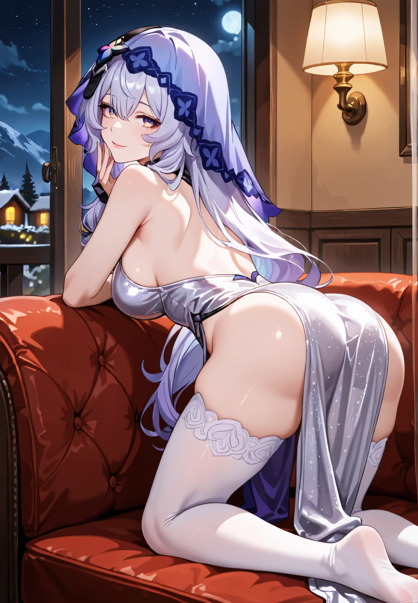 ass ass_focus big_ass blue_hair blush blush booty christmas christmas_clothing christmas_outfit ganyu_(genshin_impact) horns looking_at_viewer panties purple_eyes sideboob smile smiling smiling_at_viewer thighs tiramisu44 white_panties