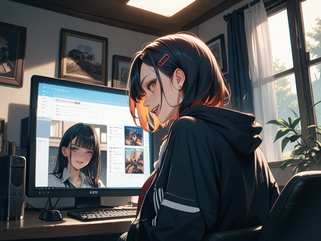(perfect anatomy:1.2)(absurdres, highres, ultra detailed),masterpiece,best quality,high resolution,8k,Realistic face,Realistic skin texture,magnified textures, stunning clarity,detailed anime girl,(ultra detailed eyes and face),(only 1 girl:1.4)21years old,she is office worker,,black hair, bob cut, No-makeup look,,green school track jacket ,green school track pants,nine inch nails t-thirt,(The chest is visible),11 p.m,sparkling eyes,small nose,roundface,Women's Apartments in japanese suburb,(faint light),(darkness),(midnight),(watching a tablet:1.2),(sitting a gaming chiar:1.4),(happy),