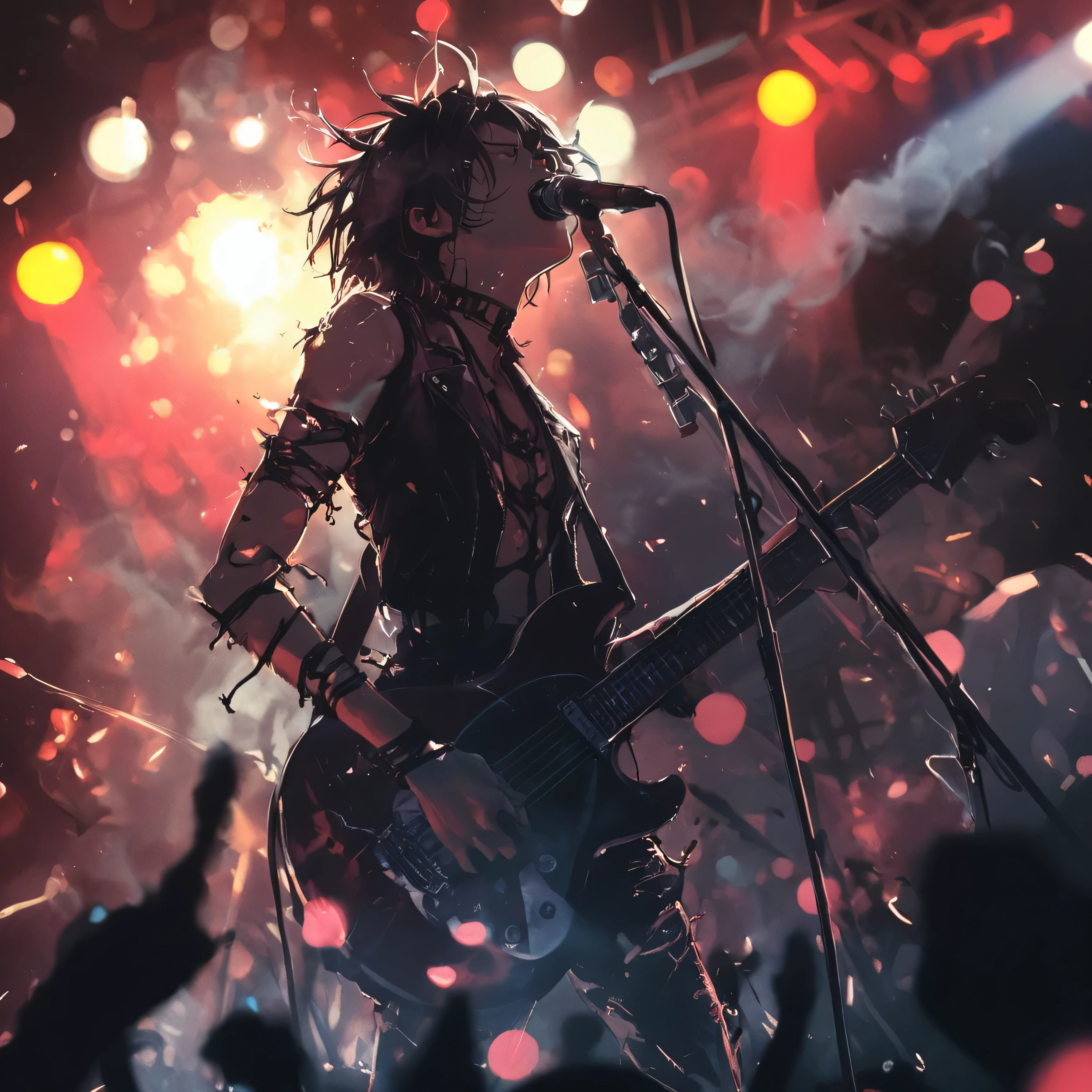 Dynamic scene of a man holding an electric guitar on stage, wearing a leather jacket with light and smoke, Strong and energetic atmosphere, Rock concert style