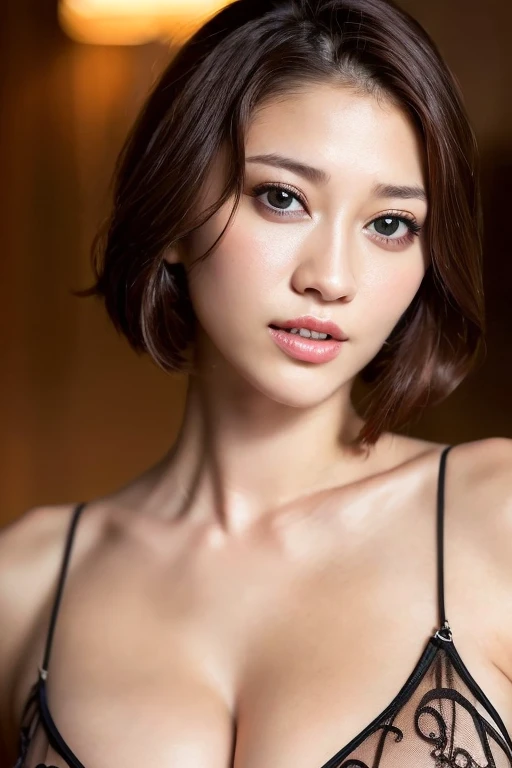(masterpiece:1.3), (8k, Realistic, RAW Photos, Best image quality: 1.4), Japanese women、Around 50 years old、Cleavage:2.0、Highly detailed face、Attention to detail、double eyelid、Chest to chest、Light brown hair、Short Hair、Sporty hair、highest quality、masterpiece、超A high resolution、(Realistic:1.4)、Highly detailed and professional lighting、In a dark room、Sleepy look、Casual off-the-shoulder fashion、Sweating、Deadly position