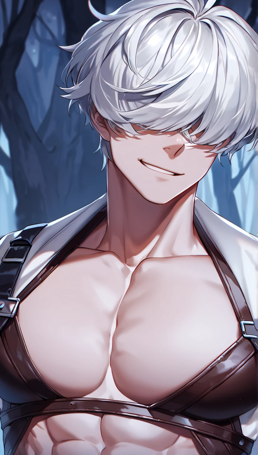 a guy with bare chest, instead of a head a wolf skull with ears, glowing yellow eyes, black fog around him, on the background of a gloomy spruce forest, norror