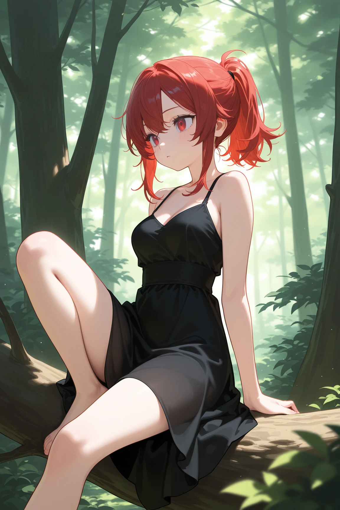 Mature, 20 years old, Red hair, Dress, seductive pose, medium breasts, skinny, Sexy, Create a full-body shot of a female character with long hair and a white streak on one side. She has large, expressive yellow eyes and pointed elf-like ears, and her expression should be one of surprise or curiosity. The background should be a forest setting with green trees and a natural ambiance, making the image suitable for an iPhone wallpaper
