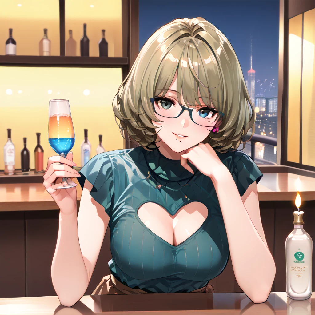in the night bar, hand hold wine glass, 1 blonde bob hair woman, blue eyes:1.4, glasses, sexsy smile, in a blue knit clothing, drunk:1.3, orgazm, in the nighat, masterpiece, ultra high res.