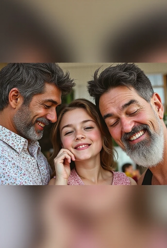 a father embracing his two daughters, the father has a smile and devil horns, his daughters have a face of happiness and innocence, it is an image of the eopca of jesus christ.