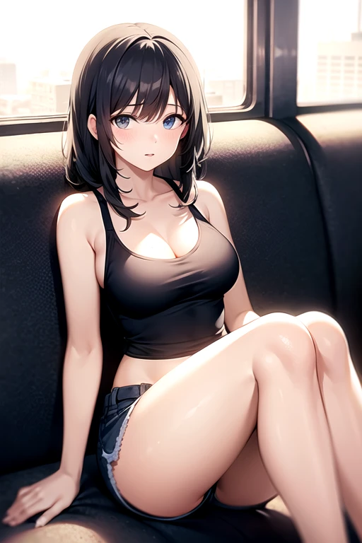 highly detailed, extremely detailed CG unity 8k wallpaper, illustration, highres, absurdres, highly detail, 8K, 1girl sit on the chair in the train, in skirt, open legs, show panties, nsfw, drop、A dark-haired、poneyTail、Sportsbra、Racing Bloomers、Sheer underwear、perspiring、My skin is wet and water is dripping、The color of the bra is see-through、Pants dig into the crotch、