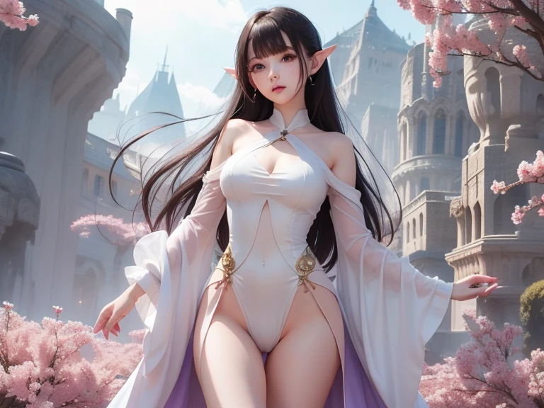 In the center of a magnificent marble palatial courtyard, a breathtaking masterpiece of digital artwork comes to life. A stunningly beautiful brunette elf woman stands gracefully, dressed in a flowing pink satin gown that accentuates her curvy figure. Adorned with delicate waist chains, she exudes an aura of enchantment and elegance. Every intricate detail of her ethereal form is meticulously crafted, as if inspired by the renowned artist Makato Shinkai. The artwork captivates the viewer's gaze, evoking a sense of wonder and fascination. It is truly a work of art that transports one into a realm of fantasy and dreams.