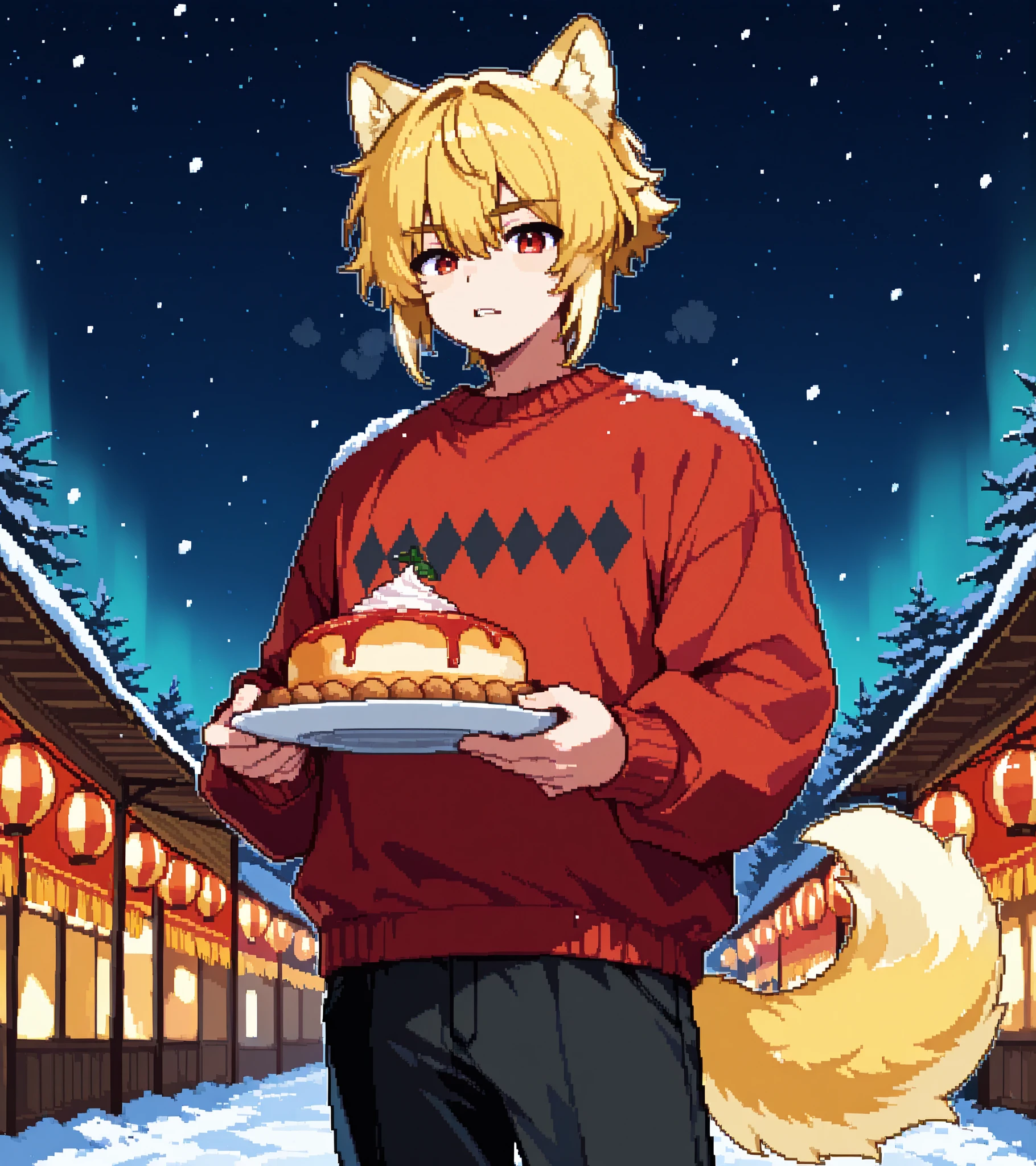 score_9, score_8_up, score_7_up, source_anime, solo, pixel art, kemonomimi, 1boy, solo  BREAK 

Dog ears and tail, yellow hair, short hair, red eyes, yellow ears, yellow tail BREAK 

Winter clothes, red sweater, black pants BREAK 

Front view, looking at viewer, closed mouth, teeth, holding food plate, standing, outdoors, snowing, aurora borealis, festival, (night sky, starry sky)