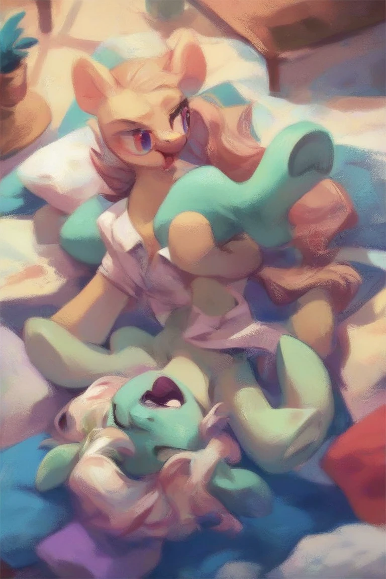 Female pegasus pony, brown fur, red hair, green eyes, green polka dot bandanna in hair on head, white feathers on wings, large crotchboobs, fishnet stockings, bulge in throat , kneeling, deepthroat blowjob