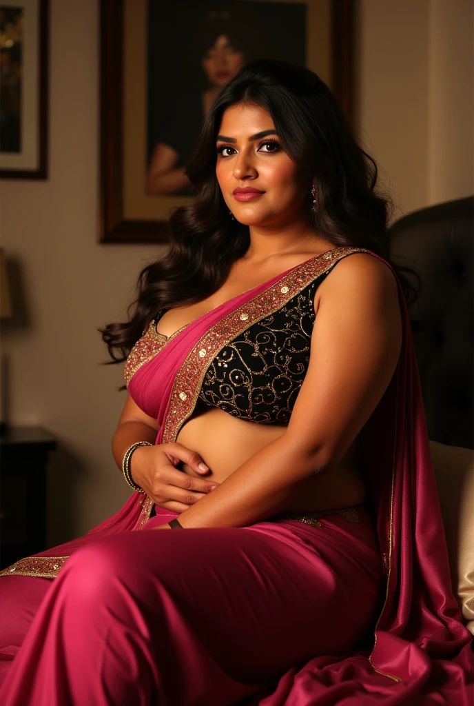 Wearing a sexy satin saree with strapless Bra, sexy Indian housewife, Looks like Indian Actress Nayanthara, actress Nayanthara, mallu, mallu aunty, desi aunty, full figured mature beauty,  sweaty skin , shining skin, sweat, attractive figure, 48 years old, spicy hot, desi milf, desi aunty, a close up of a woman in a red dress in a bedroom, inspired by Avigdor Arikha, sleek!!!, indian super model, wavy hair combed to one side, actress, by Jitish Kallat, smoldering, intense smoldering, fashion, an angel, print ready, with a dramatic looking, inspired by Sudip Roy, seductive look, sexy Saree queen, sexy Saree fashion, seductive Saree,  wear saree, sizzling hot Beauty, red juicy lips, sexy navel folds, fleshy body, curvy beauty, 