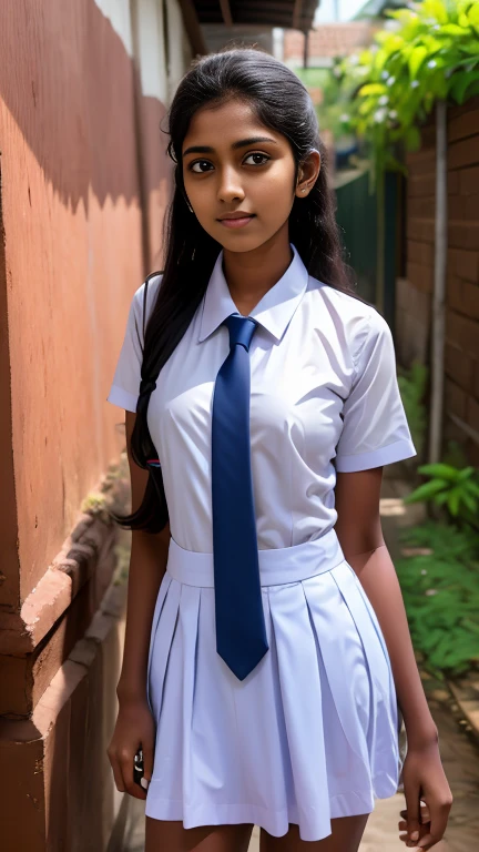 school Frock with pockets,putting hands in.side pockets of pleated frock,hands in pockets pose,Raw photo,patch pockets , 1 girl,chest pocket ,Wearing white frock and color tie, white shoes ,sri lanka teen school girl,cute skinny body figure