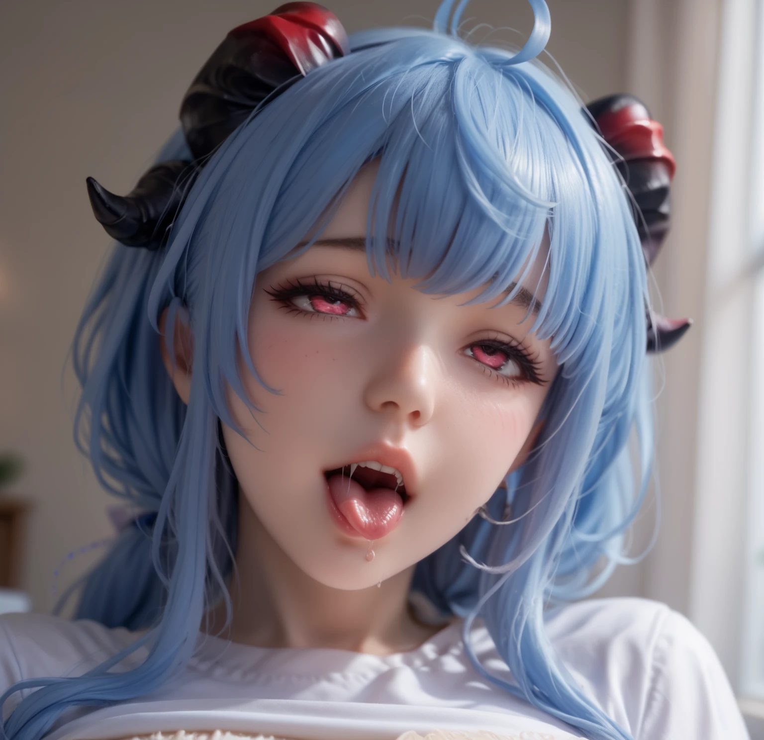 ​masterpiece、top-quality、1girl in、(I'm wearing a mob hat)、Medium hair with blue hair、red blush、the bow、ascot、wingspan、Bedroom background、Colossal tits、A slender、remilia scarlet、a closeup、fullnude、It is dripping with the mouth open and the tongue sticking out、Lying on your back、beautiful countenance、good breasts、Face during estrus
